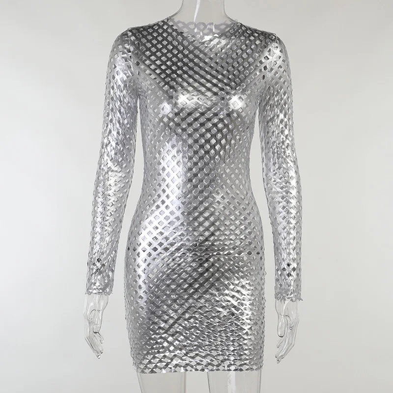 New arrival design women sexy tight mini party dress 2022 long sleeve o neck net see though club dresses