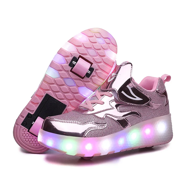 Student Four Wheels Rear Button Retractable Kick Roller Skate Shoes For Teenagers Outdoor Transformable Sports Shoes