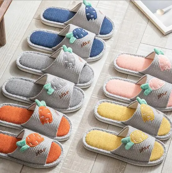 New four seasons cute fruit slippers for men and women cotton and linen household indoor slippers