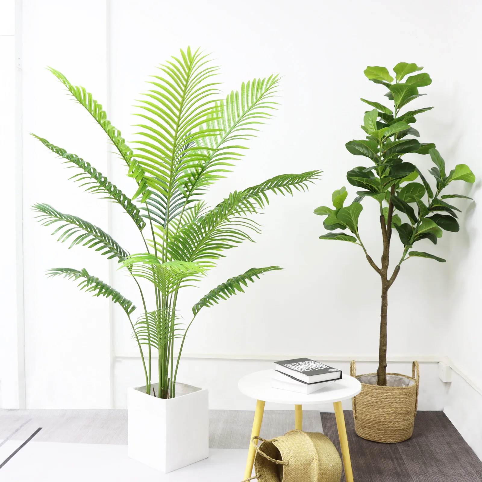 An interior window displays Nordic traveller bananas coconut tree high quality artificial trees