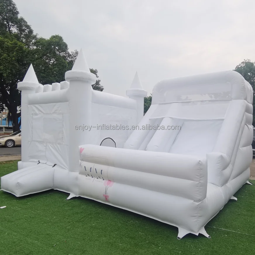 Outdoor commercial inflatable white bounce house combo with ball pit and slide inflatable castle water slide pool