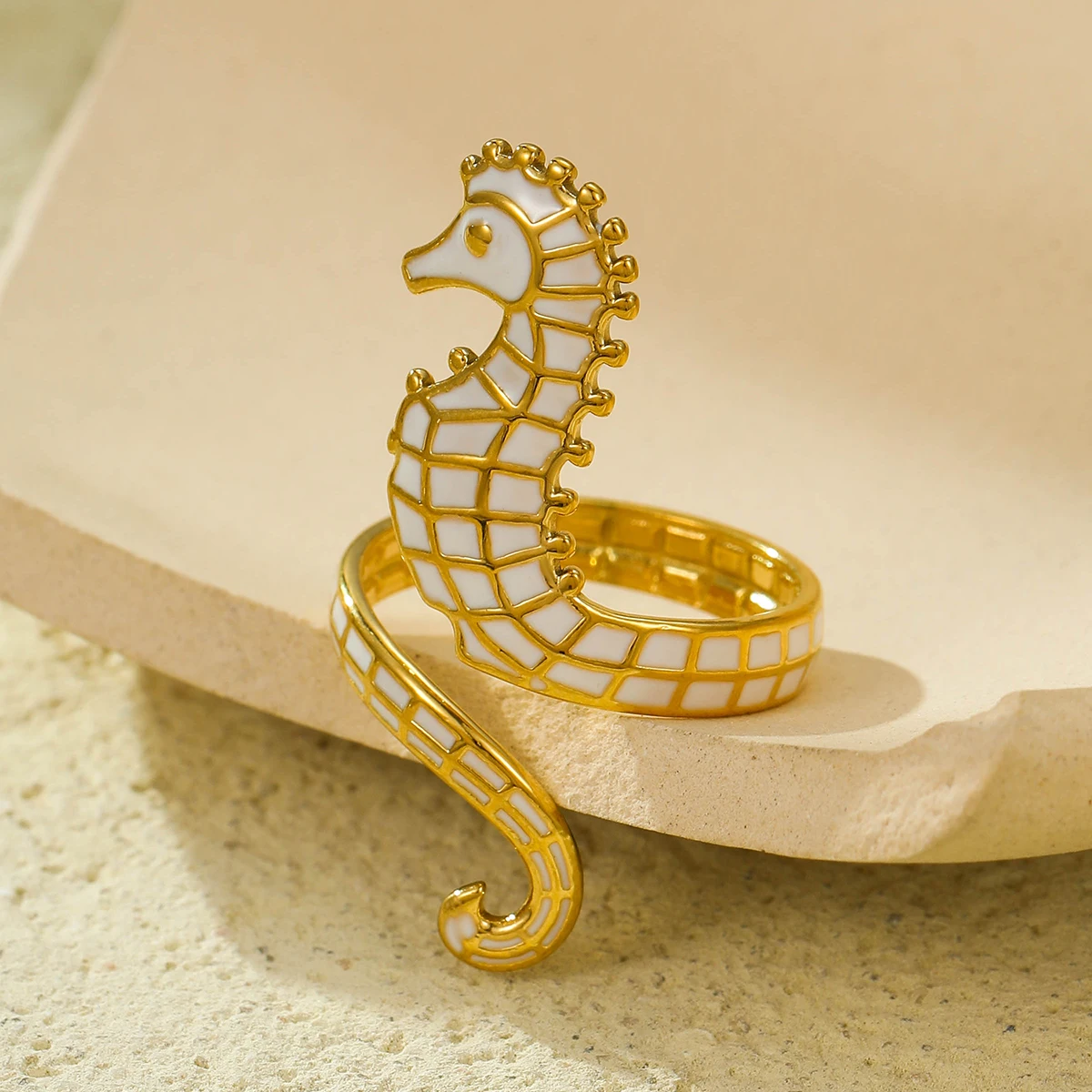 Ocean Series Beach Stainless Steel Summer Breeze Colorful Drip Oil Seahorse Ring INS Small Specialty Jewelry for Women