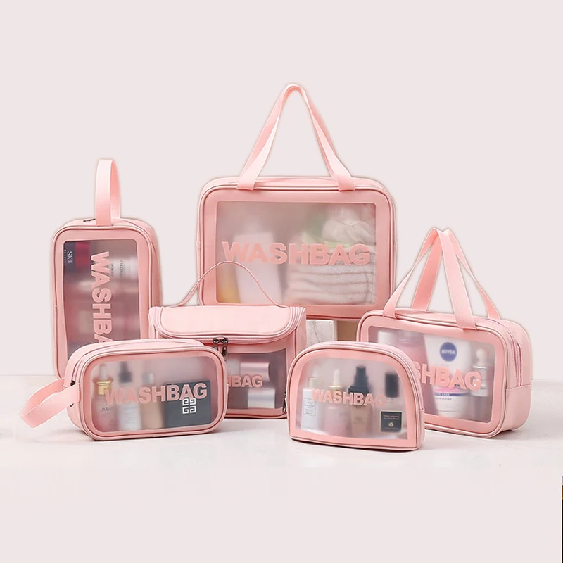 Custom Private Label Cute Pink Pu Pvc Clear Zipper Travel Wash Vanity Storage Cosmetic Bag Toiletry Bag Women Makeup Bag