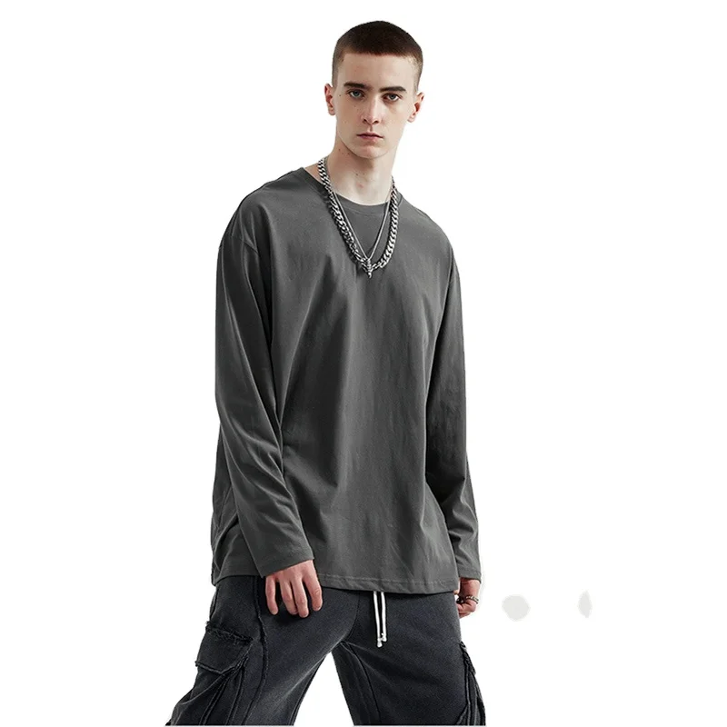 100% Cotton Combed Solid Color Customized Premium Athletic Fitness T-shirt Men Gym Unisex Over Sized Long Sleeves Shirts