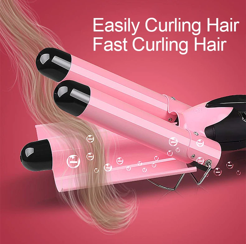 3 Barrel curling iron 25mm hair waver egg roll head large pink crimple with LCD display curling iron