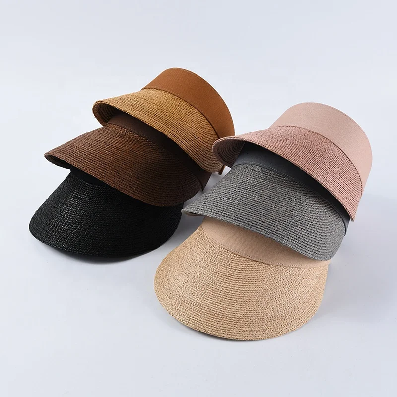 Fashion Casual Beach Dress Summer Sun Hat Plain Dyed High Quality Fine Raffia Straw Visor Cap for Women Lady Travels Holiday