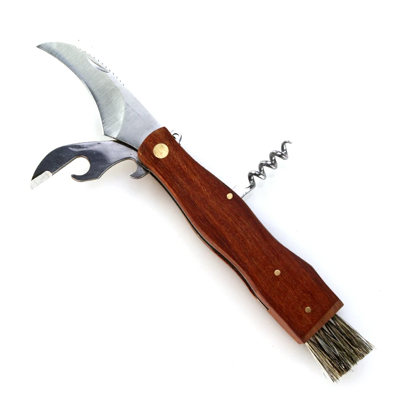 Amazon Hot Selling Rosewood Handle 5 in1 Brush Cork Screw Bottle Opener Keychain Folding Mushroom Knife