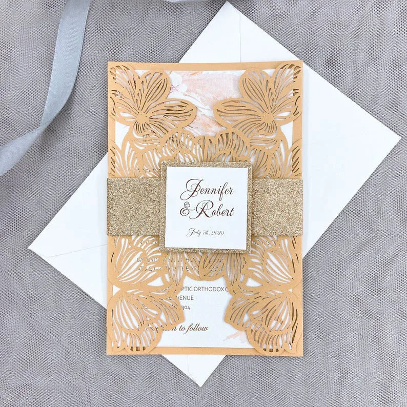 Wholesale Wedding Card Laser Cutout Luxury European Style Champagne Gold Glitter Laser Cut Wedding Invitations
