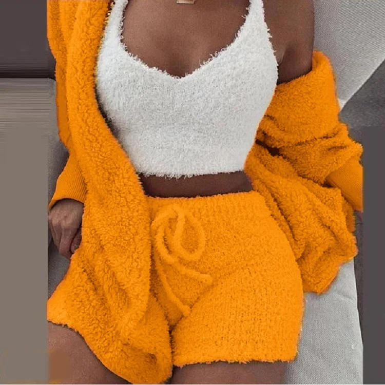 Winter Plush Home Casual Three Piece Pyjamas for Women Set Long Sleeve Crop Vest and Shorts Sets