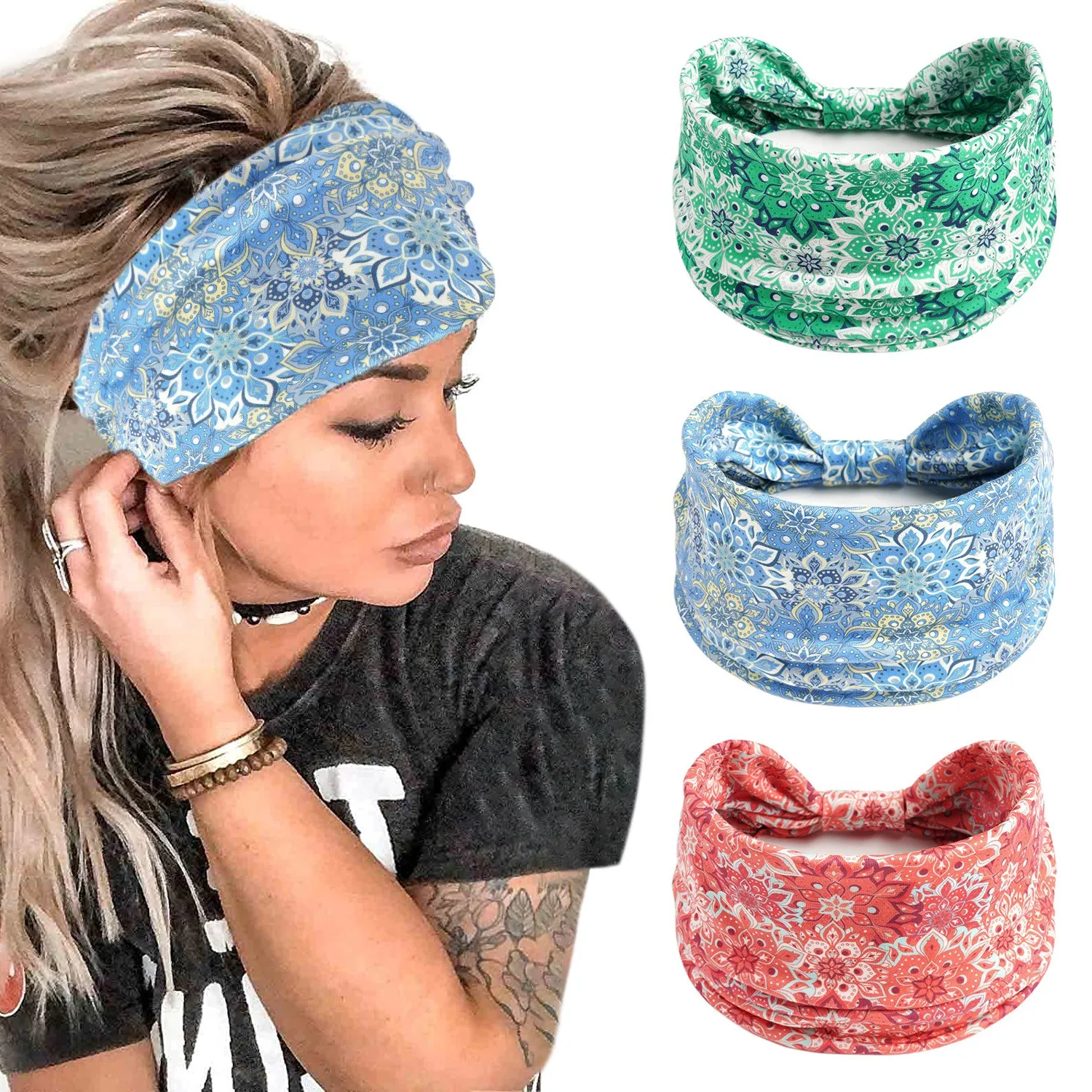 Girls Women Sports Sweatband Bohemian Printed Turban Head Wrap Elastic Spandex Twisted Hair Band for Nurses Uniform Accessories