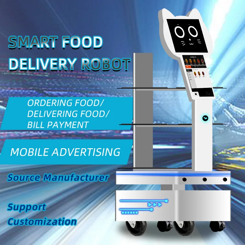 Whole Sale Custom Meal Service Delivery Robot Outdoor Food Deluvery with Screen Waiter Robot for Restaurant Ordering