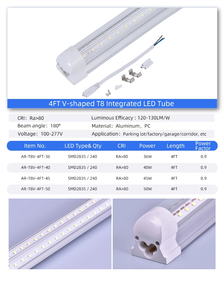 AIER ETL DLC 4FT T8 Integrated V-shaped Led Tube Light With OEM ODM Indoor Lighting Aluminum PC 3500K 4000K 5000K 6000K