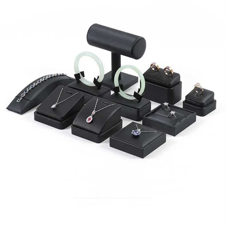 Luxury Black PU leather jewelry display set Jewellery Shop Counter Ring Necklace Bangle Display Stand Set