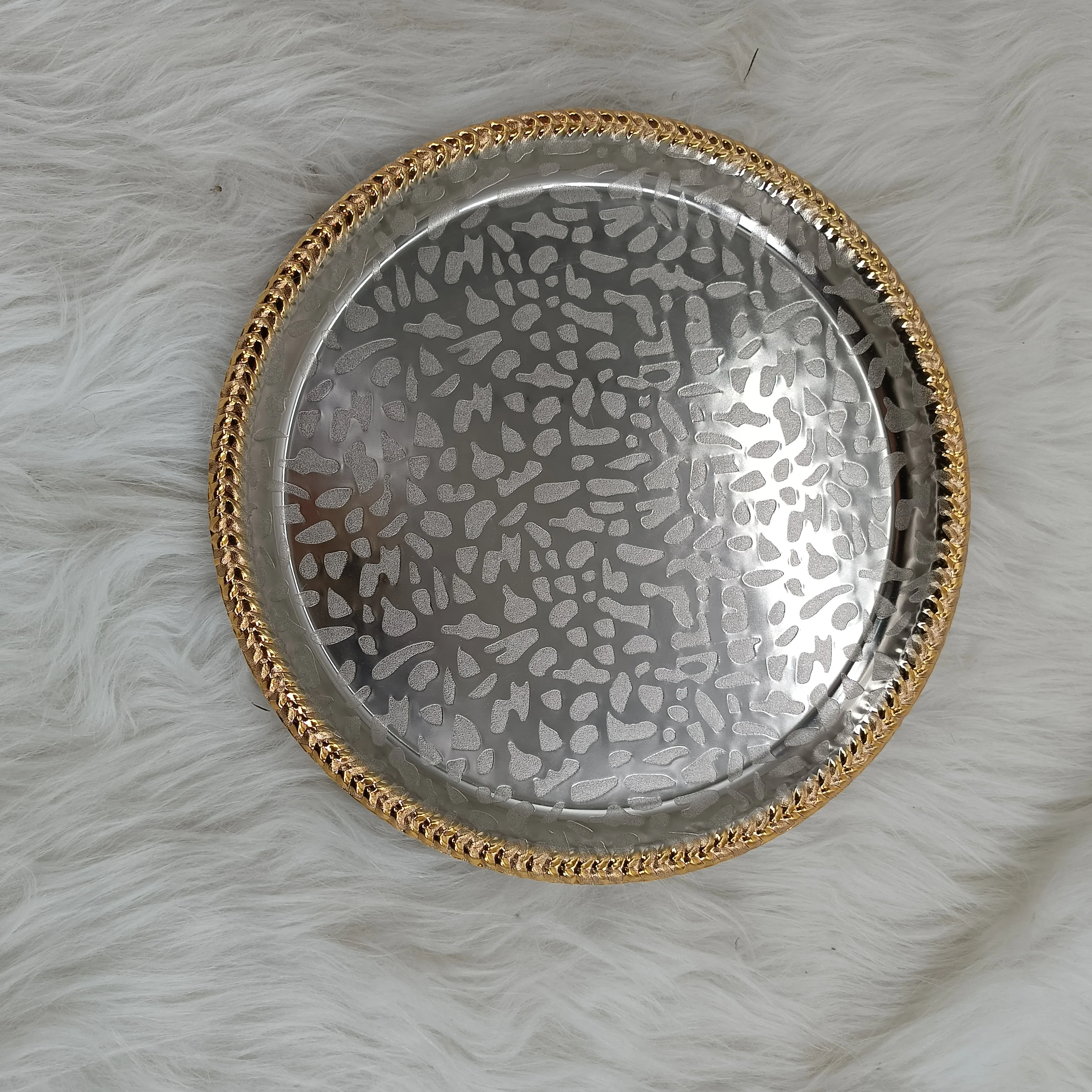 Restaurant Wedding Gold Plated Plate Dinner Set Stainless Steel Metal Serving Food Tray Round Oval Rectangle Dish Tray