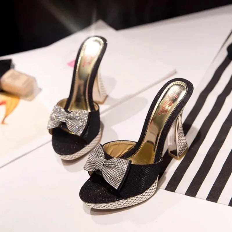 New Bow Rhinestone Shoes Heels Fashion 2022 Summer Women Slipper Sandals Thick Heels Slippers Ladies Platform High Heel Slipper