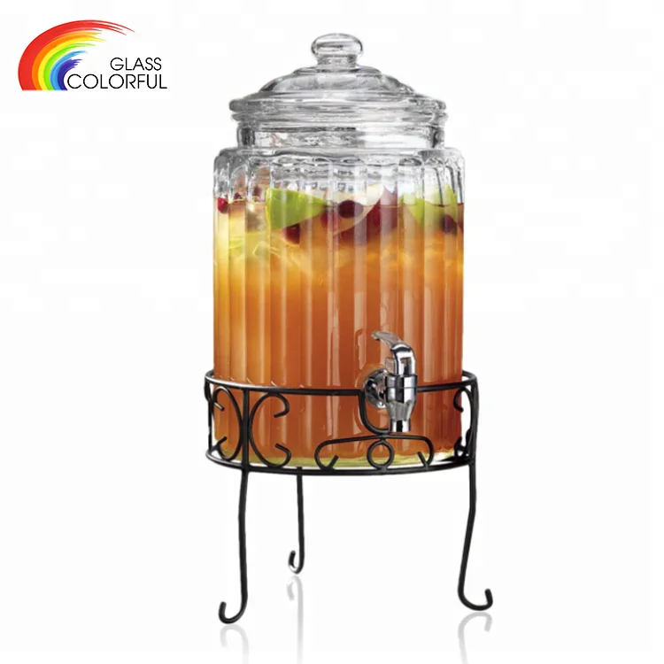 Manufacture high quality glass juice beverage drink dispenser with tap and stand squate for kitchen wedding bar restaurant