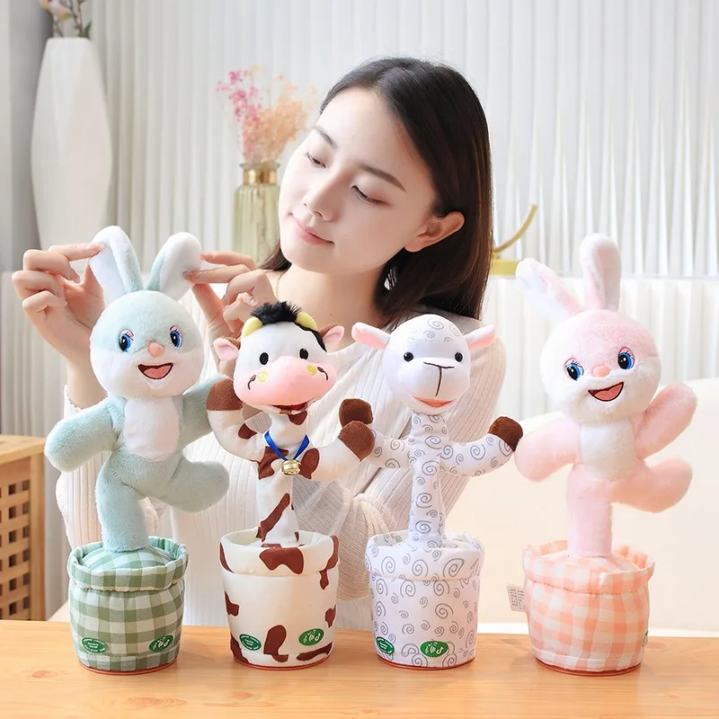 Led Singing Dancing Music Rabbit Cow Rose Plush Toy Talking Twisting Repeating Cactus Plush Doll Dancing Talking Music Plushie