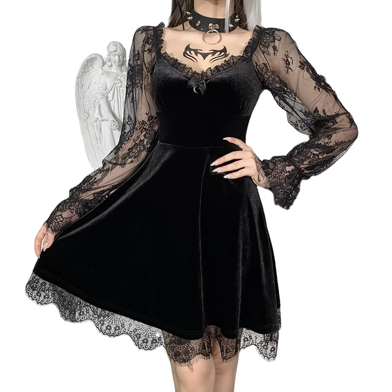 Gothic Lolita Girl Lace Trim Velvet A-Line Dress Women Sexy Perspective Long Sleeve V Neck Slim Mini Dress Cosplay Party Costume