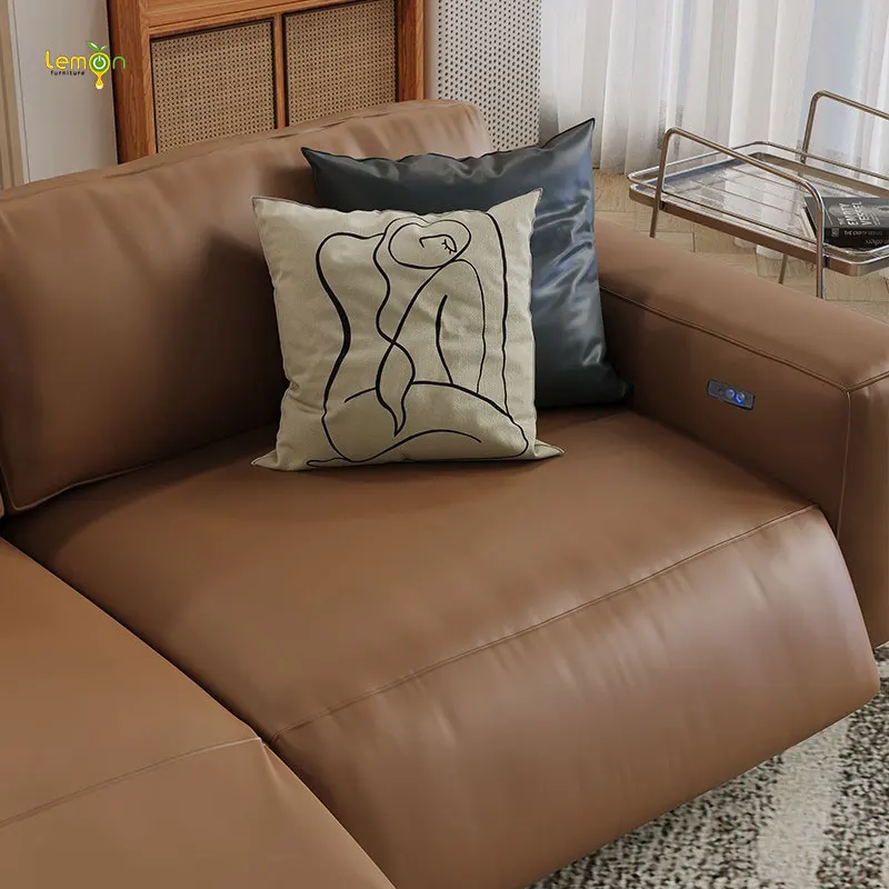 Italian light luxury retro bread lazy straight-row telescopic electric functional sofa living room elephant ear leather sofa