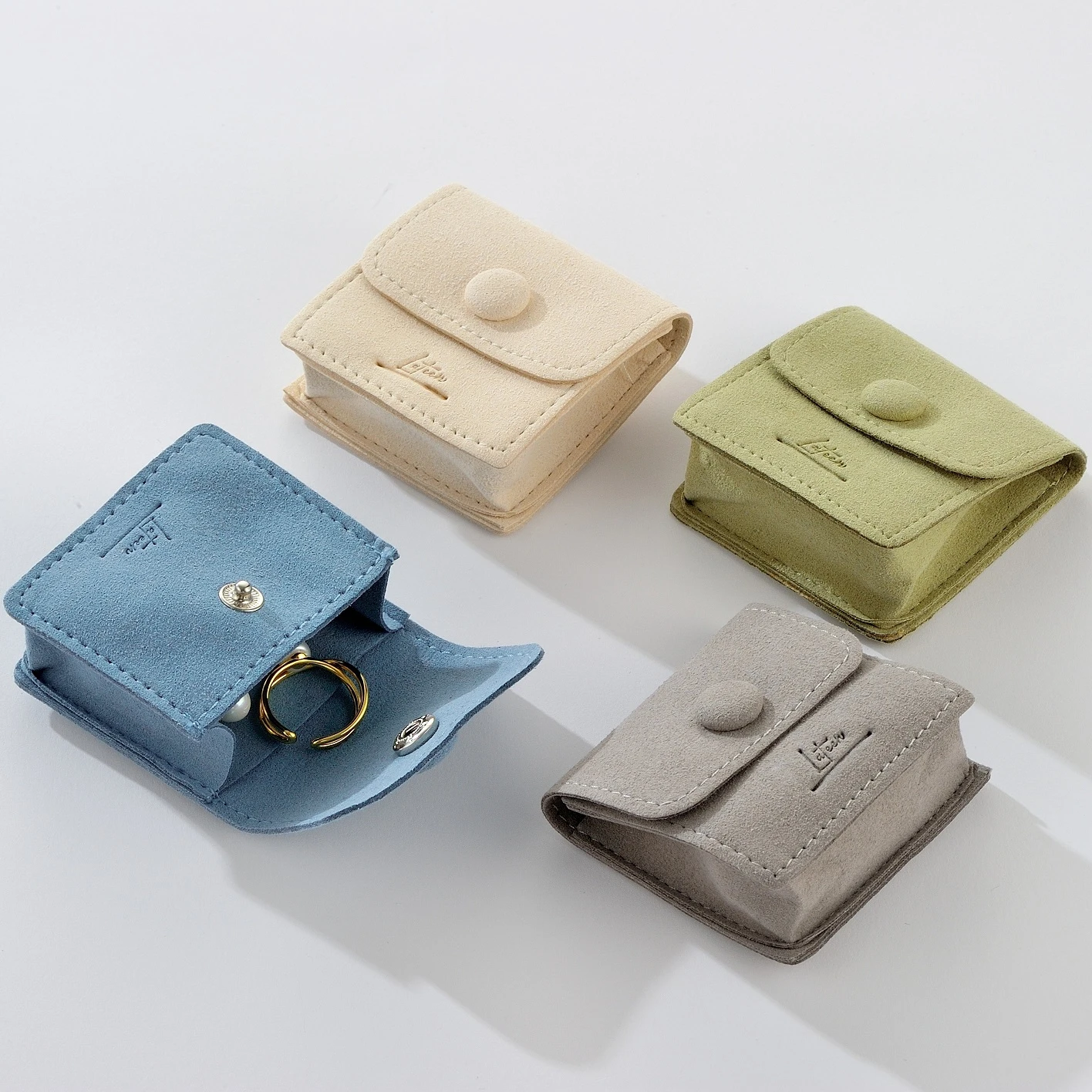 1.2mm Thick Microfiber Bracelet Ring Jewelry Packaging Pouch Custom Printed Snap Button Soft Suede Jewelry Side Layer Pouch Bag