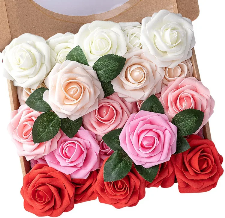 8CM White Pink Roses Artificial Flowers 25pcs Real Touch Artificial Foam Roses Decoration DIY for Wedding Party Home Decoration