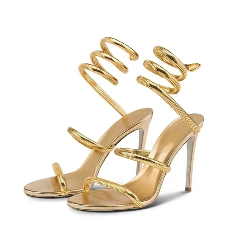 Xinzirain Custom Logo Ladies Sandals Luxury Gold Lace Up Bling Snake Ankle Wrap Strap Women Stiletto Heel Sandals