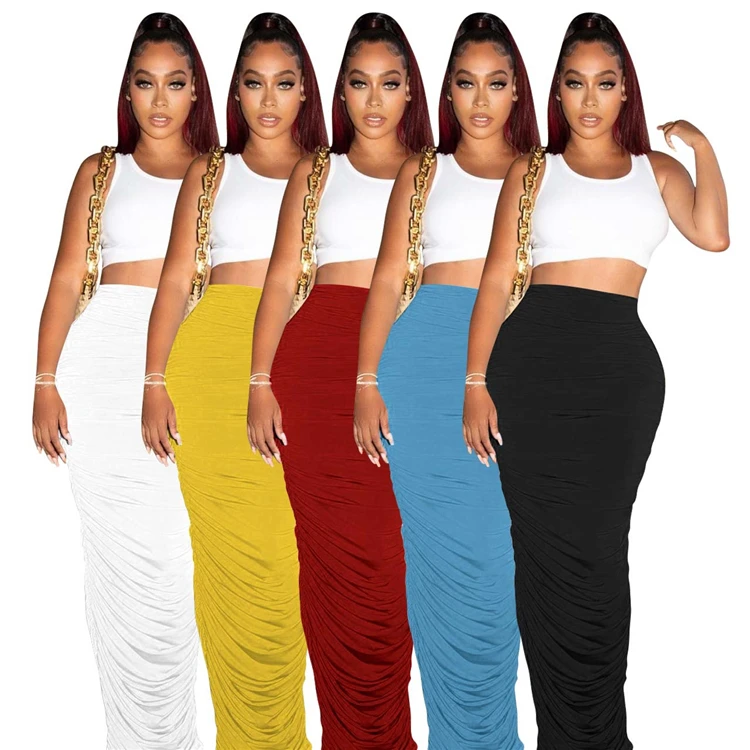 Newest Design 2021 Autumn Fashion Designer Ladies Skirts Casual Solid Color girl fall Pleated Maxi Skirt