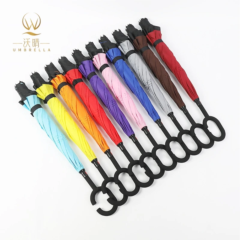 Custom Double Layer C Shape Handle inverted Reverse Umbrella automatic open straight umbrellas