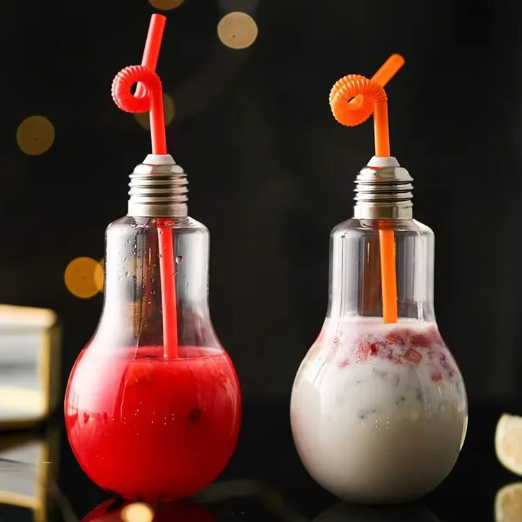10oz Juice Milk Tea Bottles Creative Drink Bottle Transparent Plastic Bottles Light Bulb Shape Drinking Cups