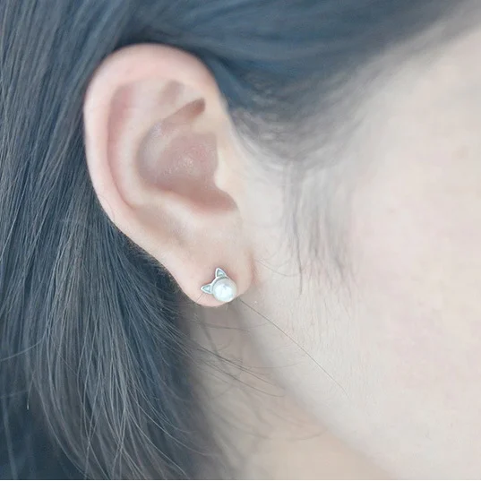 
Tiny Cute Animal Cat Ears Freshwater 7mm 8mm Pearl Stud 925 Sterling Silver Earrings 