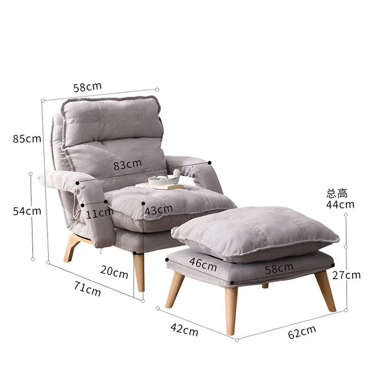 Comfortable lazy fabric sofa multifunctional folding sofa bed solid wood legs reclining lazy sofa chair with footstool