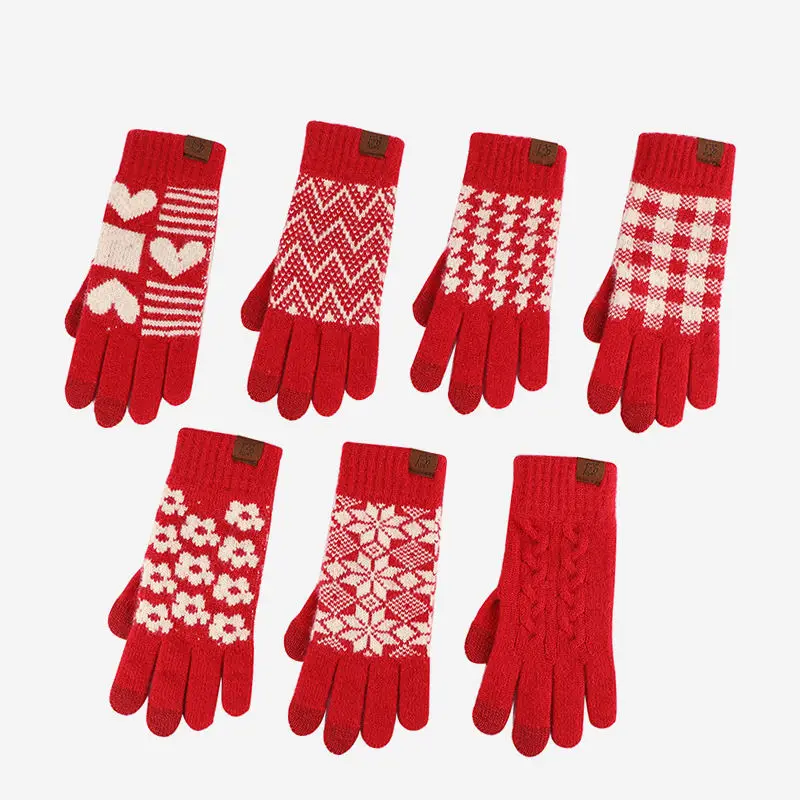 Wholesale red Christmas snowflake Love New Year gloves Winter warm touch screen outdoor riding fleece gloves