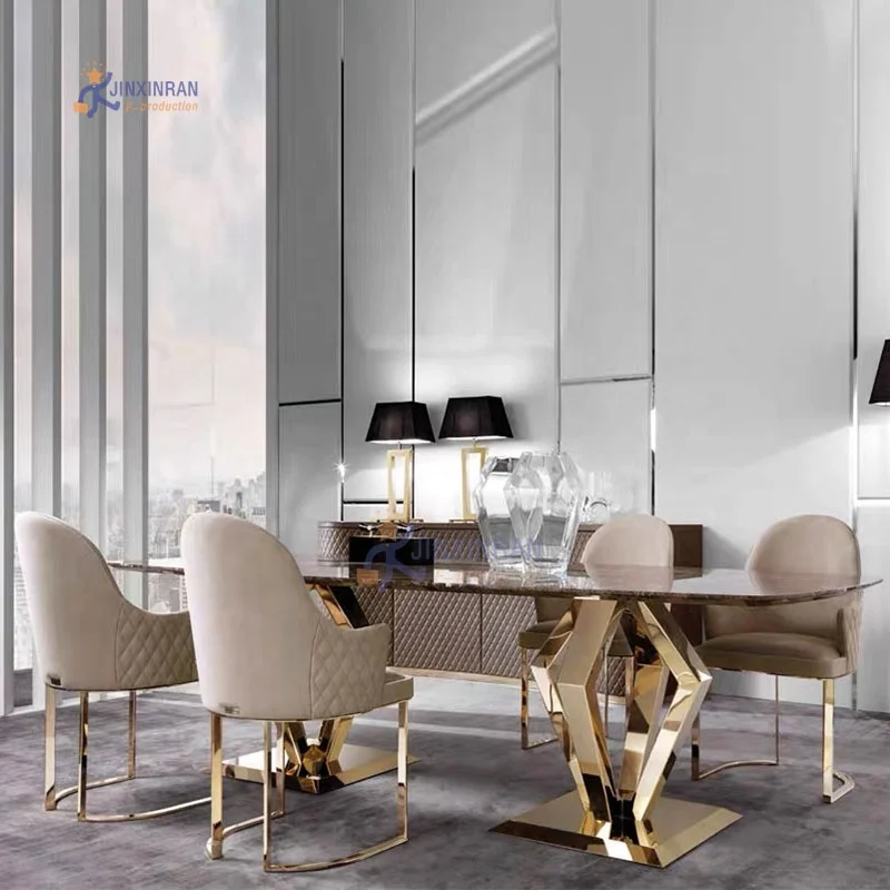 modern style marble top stainless steel luxury dining table set 8 seater with chairs