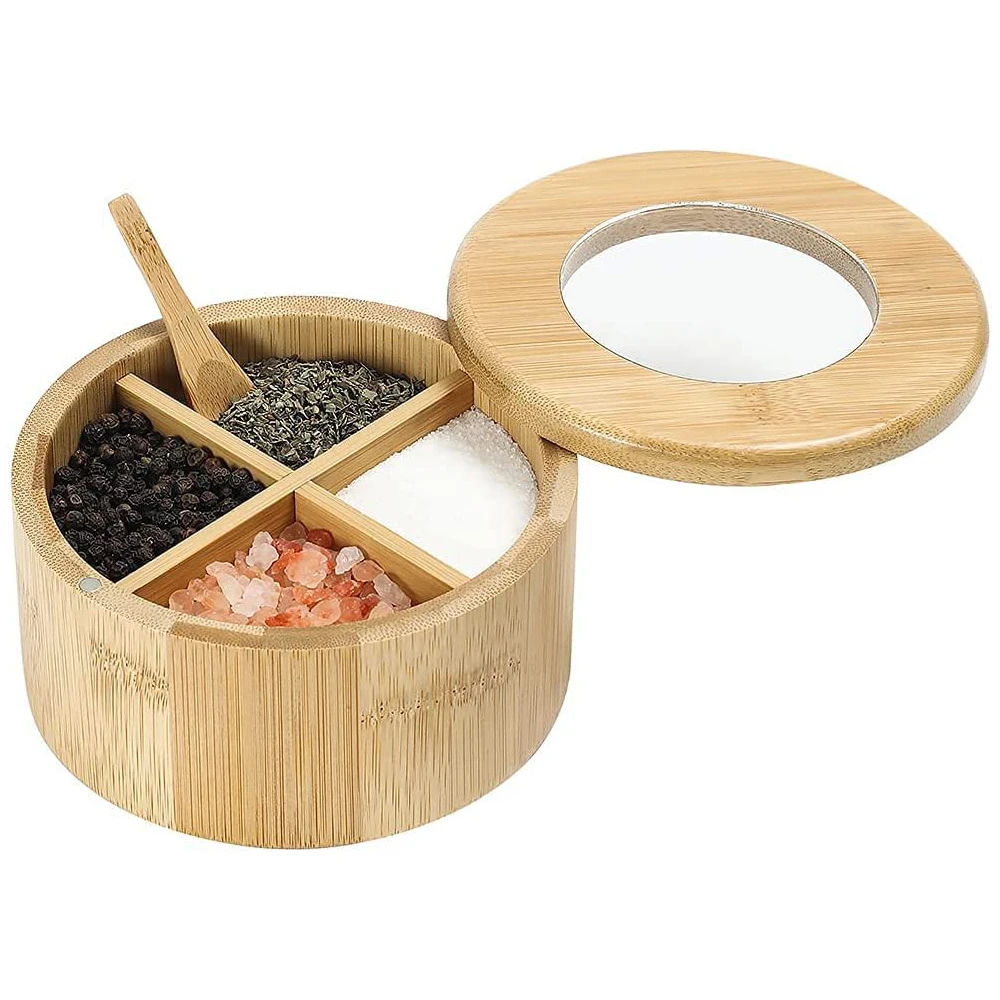 Four Compartment Bamboo Salt Box with Magnetic Swivel Lid and Spoon Organizer Set Condiment Jar for Kitchen