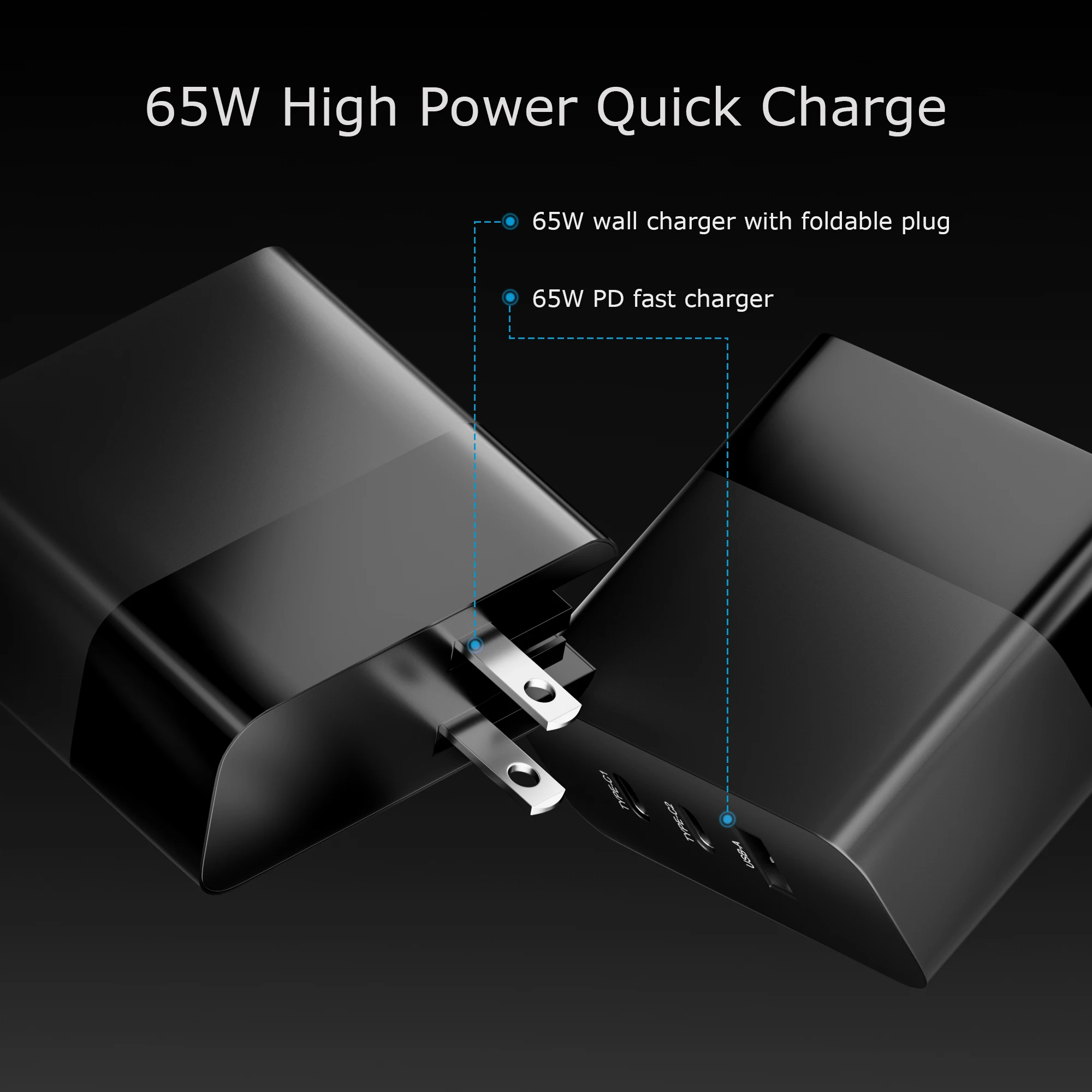 65W GaN USB Charger 3-Port, PD Fast Charger Multiport USB C Wall Charger Power Adapter for MacBook Pro Air, iPad Pro Air