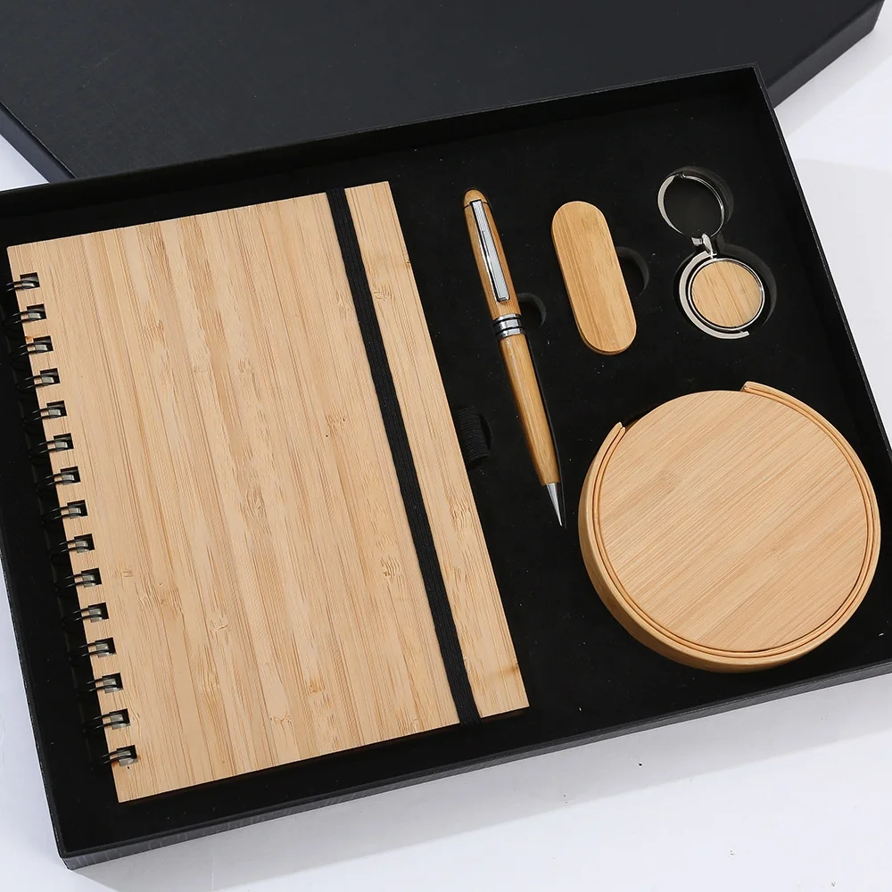 Eco Friendly Corporate Bamboo Gift Box Luxury Set A5 Notebook Pen USB Card holder Key Chain Flask Custom Logo Business Gift Set