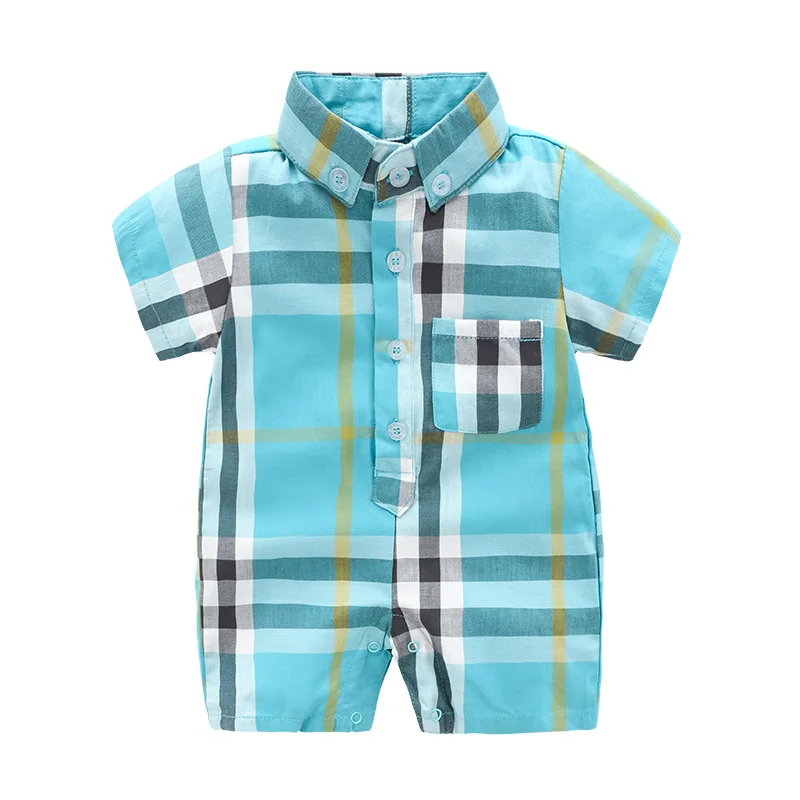 2pcs short sleeve plaid baby clothes set 100% cotton baby jumpsuit with hat for summer