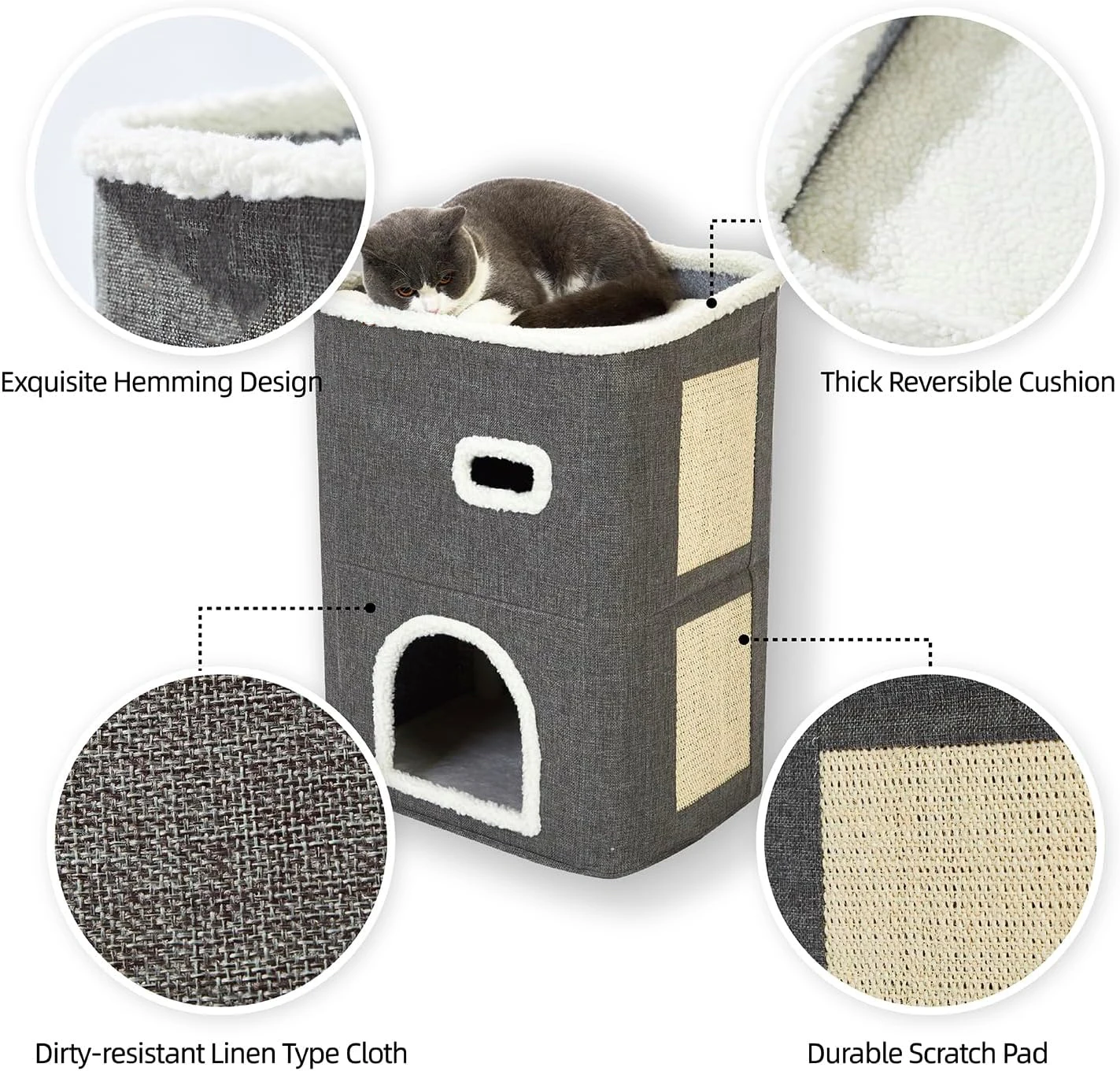 2-Storey Covered House Cat Beds & Furniture With Scratch Pad Hideaway Cave Cute Modern Condo For Multi Small Pet Large Kitten