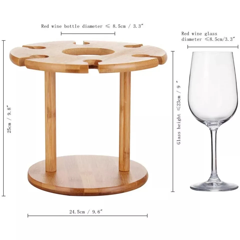 Wine Bottle Holder and 6  Glass Goblets Drying Rack Bamboo Wine Rack for Bar and Kitchen