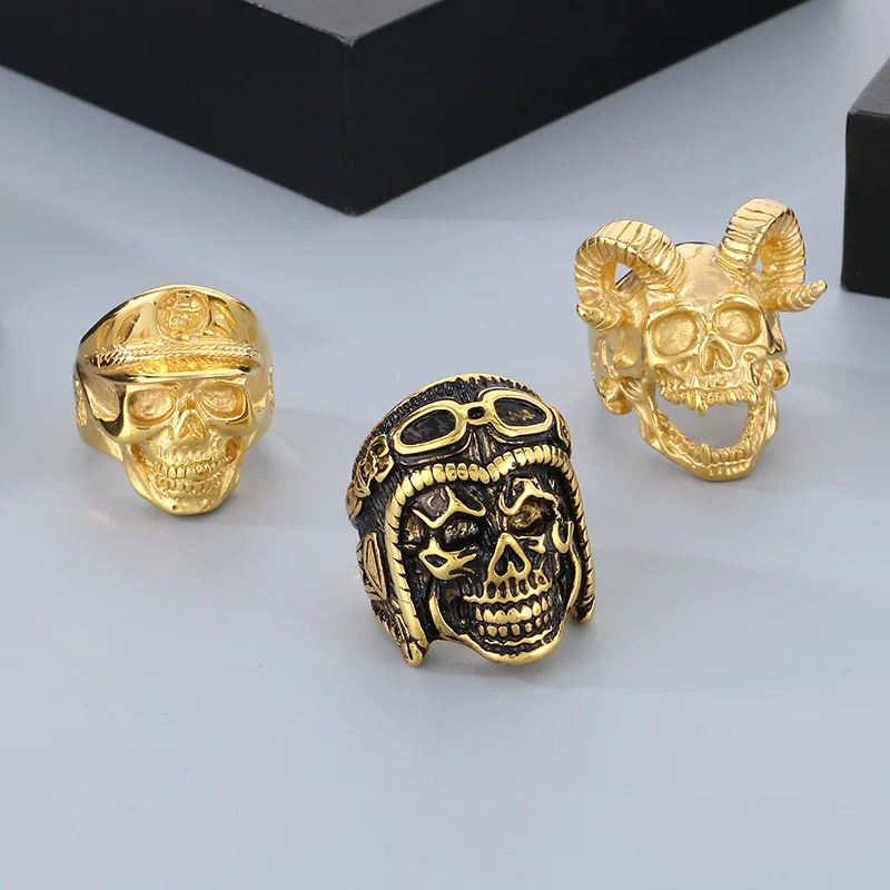 Vintage Gothic Stainless Steel Goat Skull Rings Men