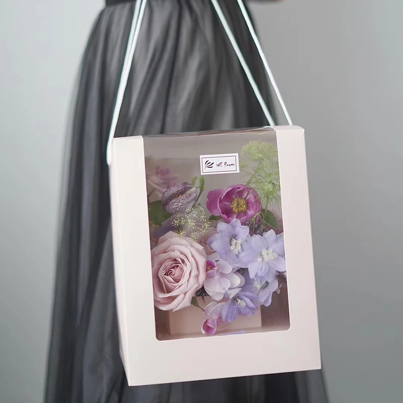 Hot sale clear box flower packaging cardboard boxes window gift boxes with handles