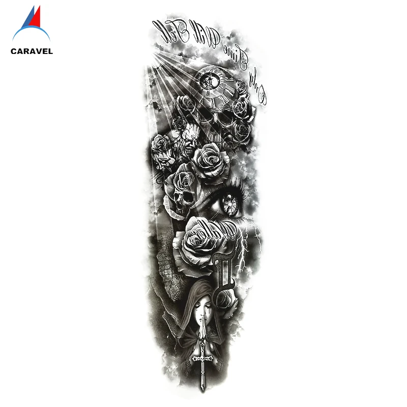 Full Arm Big Skull  Artificial Waterproof Removal Water Transfer Label Arm Temporary Fake Armband Sleeve Tattoo Sticker