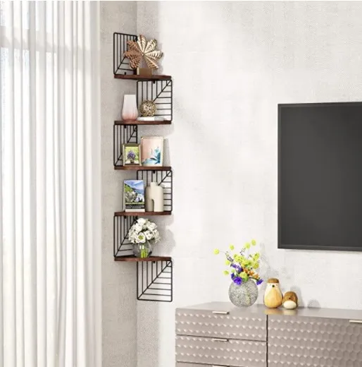 5-layer wooden wall shelf living room bedroom kitchen corner shelf multi-functional metal storage rack