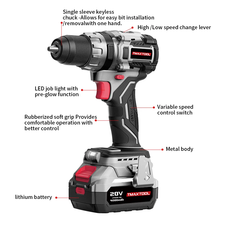 Tmaxtool Electric Portable Variable Speed Hand Screwdriver 20V 85N.m Torque Rechargeable Brushless Cordless Impact Drill