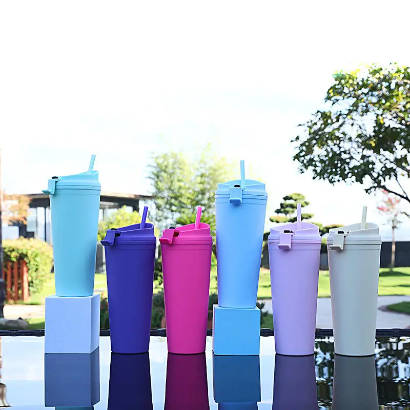 650ml Reusable Custom Logo Printed Double Wall Tumbler Plastic Cups With Lids and Straws