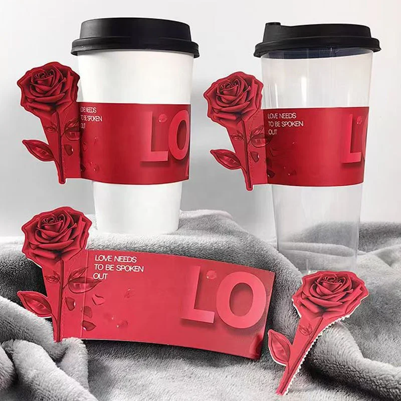 Red Rose Cup Sleeve Insert Card Milk Tea Cup Custom Logo Disposable Waterproof Paper Sleeves