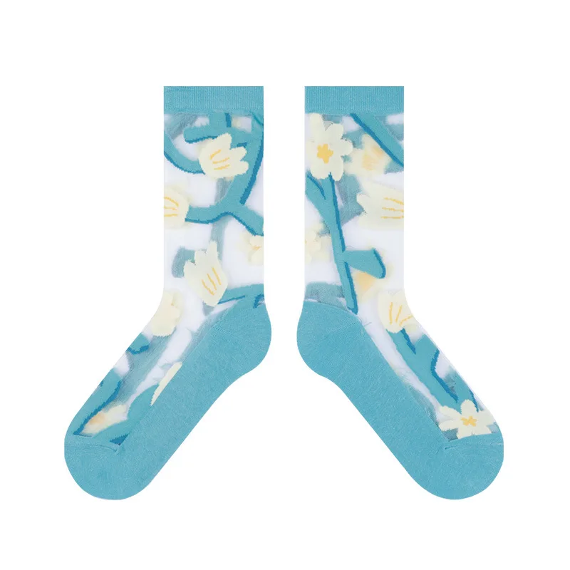Wholesale Summer Women Tulip Flower Design Thin Nylon Crystal Sheer Socks Transparent Socks