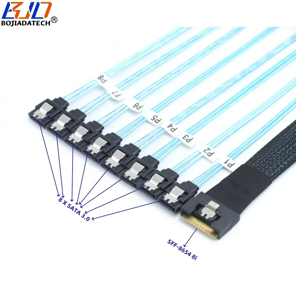 SlimLine SAS4.0 SFF-8654 8i 1 to 8 x SATA 3.0 Connector Hard Disk Drive Splitter Data Extension Cable 12Gbps 50CM 100CM