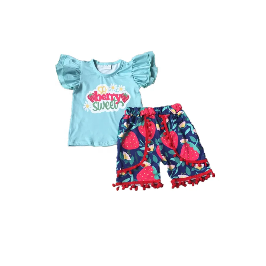 Boutique girl clothing RTS strawberry patterns top with fluffy balls shorts girls sets girls pajamas