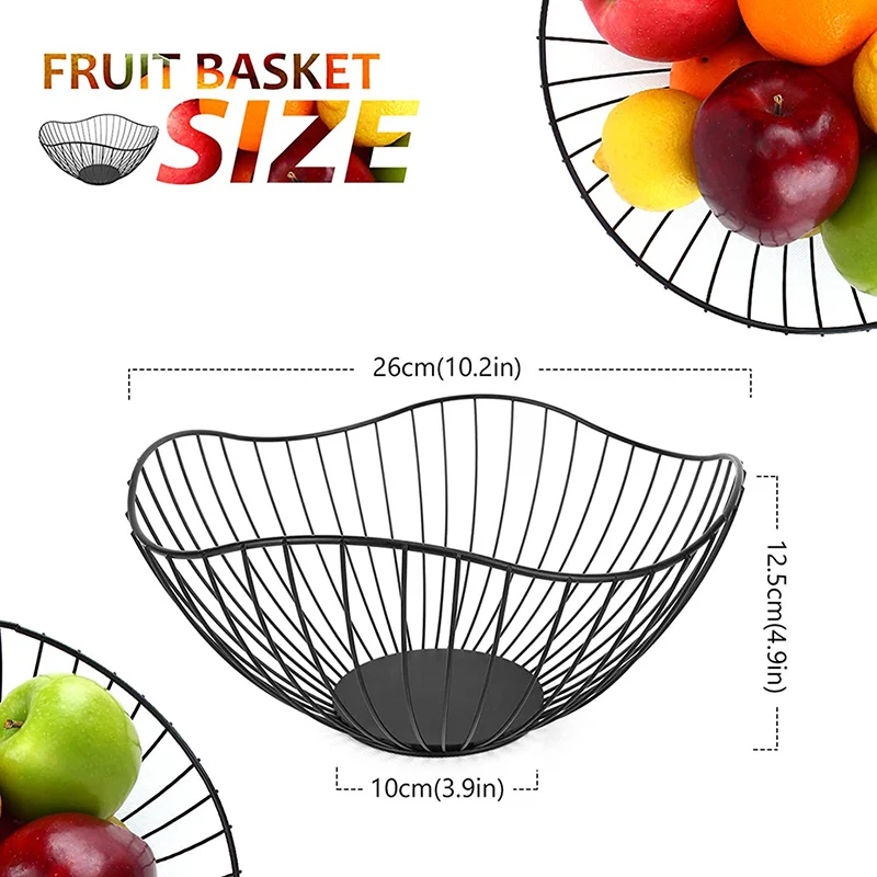Iron Black Table Organizer Vegetable Mesh Bowl Kitchen Storage Stainless Steel Metal Fruit Basket